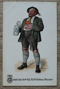 AK Gruss aus München / 1905-1915 / Kgl Hofbräuhaus Künstlerkarte / Bayer Lederhosn Bierkrug Tracht